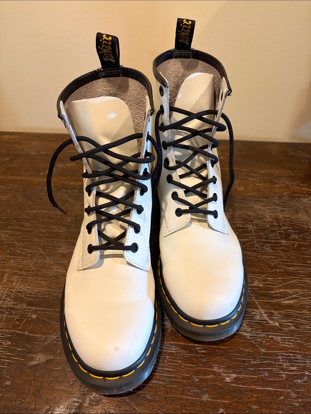 Dr. Martens White Leather Lace-Up Combat Boots with Black Laces